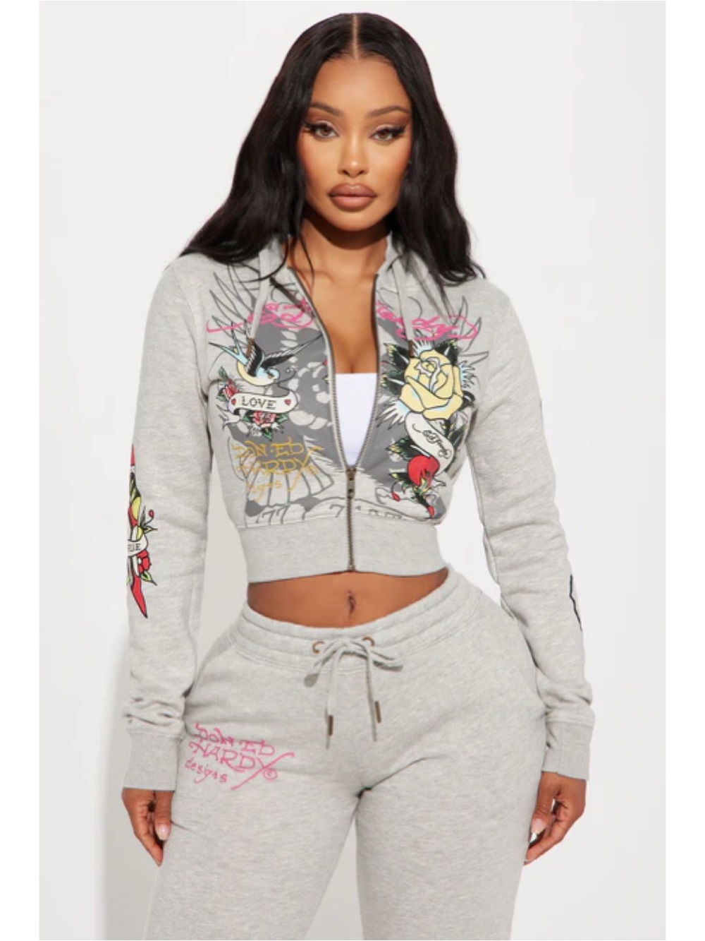 Ed Hardy Rose And Sword Zip Front Hoodie - Heather Grey